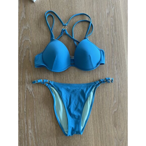 Victoria's Secret Women’s Padded Swimsuit Blue String Bikini Cheeky 34c 34 C M - Picture 1 of 4